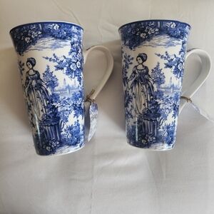 Vintage Set Of Two Kent Pottery Blue and White Floral Mugs